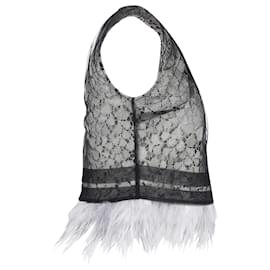 Self portrait-Self-Portrait Lace Tulle Overlay Feather Trim Top in Black Polyamide -Black