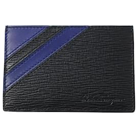 Salvatore Ferragamo-Salvatore Ferragamo Card Holder with Striped Detail in Black Leather-Black