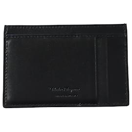 Salvatore Ferragamo-Salvatore Ferragamo Card Holder with Striped Detail in Black Leather-Black