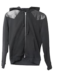 Saint Laurent-Saint Laurent Veste zippée à capuche avec détails en cuir en coton noir-Noir