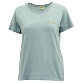 Céline-Celine Gold Logo Embroidery T-shirt in Light Blue Cotton-Blue,Light blue