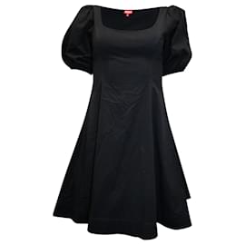 Staud-Staud Puff Sleeve Fit and Flare Dress in Black Cotton -Black
