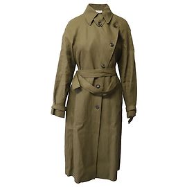 Céline Celine Asymmetric Button Trench Coat in Khaki Linen  Green Khaki