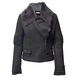 Versace Jacke mit Lammfellkragen aus grauem Leder Grau