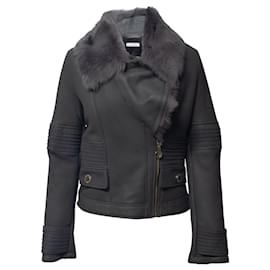 Versace-Versace Shearling Collar Jacket in Grey Leather-Grey