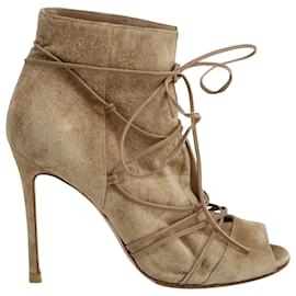 Gianvito Rossi-Gianvito Rossi Peep Toe Lace-Up Ankle Boots in Beige Suede -Brown,Beige