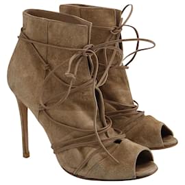 Gianvito Rossi-Gianvito Rossi Peep Toe Lace-Up Ankle Boots in Beige Suede -Brown,Beige