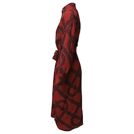 Hermès-Hermes Vestido Camisa com Estampa de Corda em Seda Vermelha-Vermelho