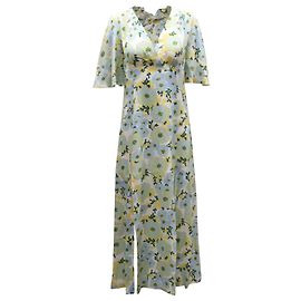 Abito longuette floreale con scollo a V e maniche a campana Sandro Paris in chiffon di seta celeste Blu Blu chiaro
