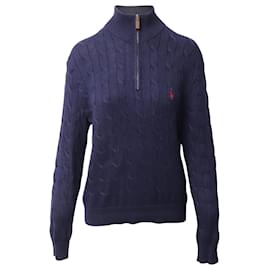 Polo Ralph Lauren-Polo Ralph Lauren Cable-Knit Quarter-Zip Sweater in Blue Cotton-Blue