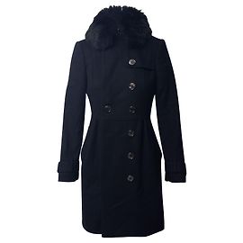 Burberry Coat with Fur Collar Trim in Black Virgin Wool Black