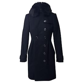 Burberry-Burberry Coat with Fur Collar Trim in Black Virgin Wool-Black