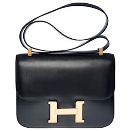 Hermès-Splendide Sac à main Hermes Constance 23 cm en cuir box marine,-Bleu Marine
