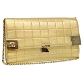 Chanel-CHANEL Choco Bar linha bolsa de ombro corrente couro ouro CC Auth bs3477NO-Dourado