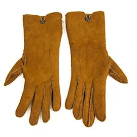 Chanel-Chanel tan brown suede leather and lambskin fur gloves with CC button size 7,5-Caramel