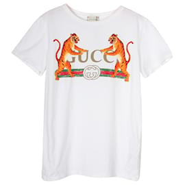 Gucci-Gucci Kids Logo Print Roaring Tigers T-shirt in White Cotton-White