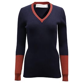 Victoria Beckham Colorblock-Pullover mit V-Ausschnitt in Marineblau Laine Marineblau
