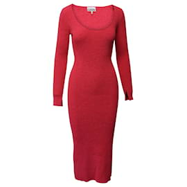Ganni-Ganni RIbbed Knit Long Sleeve Midi Dress in Red Wool-Red