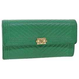 Chanel-CHANEL Mademoiselle Long Wallet Lamb Skin Green CC Auth 33847-Green