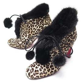 Christian Louboutin-CHRISTIAN LOUBOUTIN BOOTS 36 LEOPARD LEATHER AND FUR SHOES-Beige