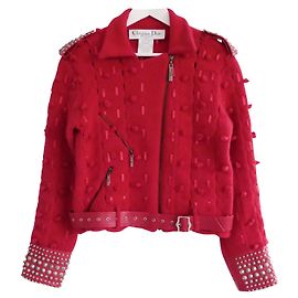 Christian Dior x Galliano AW04 Red Wool & Studded Leather Biker Jacket Red