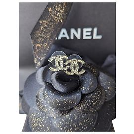 Chanel CC 12C Logo Classic Crystal Silver Hardware Earrings box tag Silvery