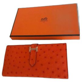 Hermès Brand New Hermes Bearn Ostrich Leather Wallet Orange
