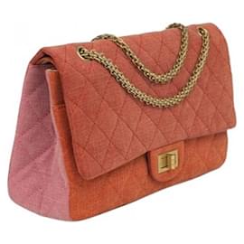 Chanel-Chanel 2.55 reissue limited edition 2009/2010 tricolor orange, pink, and red denim 227 lined flap Classic bag with Gold hardware-Pink,Red,Multiple colors,Orange,Peach,Gold hardware