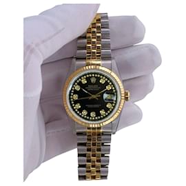 Rolex-Rolex Mens Datejust Two-tone Black Diamond Dial 18k Fluted Bezel 36mm watch-Other
