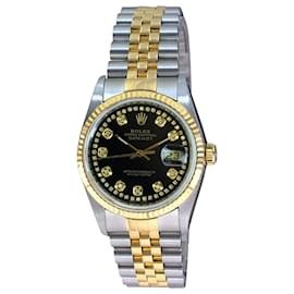 Rolex-Rolex Mens Datejust Two-tone Black Diamond Dial 18k Fluted Bezel 36mm watch-Other
