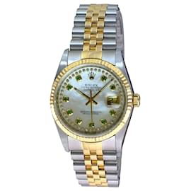 Rolex-Rolex Mens Datejust Two-tone White Mop Emerald Dial 18k Fluted Bezel 36mm watch-Other