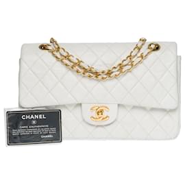 Chanel-Superbe Sac à main Chanel Timeless Medium 25cm à double rabat en cuir d'agneau matelassé blanc-Blanc