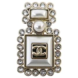 Chanel-CHANEL A21K Faux Pearl & Crystal CC Perfume Bottle Brooch Pin-Golden,Cream