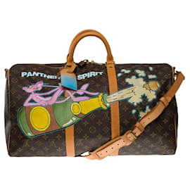 Louis Vuitton-Exceptional Louis Vuitton Keepall travel bag 50 shoulder strap in brown monogram canvas and natural leather customized "PINK PANTHER SPIRIT"" by Street Art artist PatBo-Brown