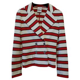 Veste Chanel en maille de coton à rayures Marron Rouge Écru Marron Rouge Crème