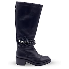 Chanel-Cuero negro 2016 Tamaño de botas hasta la rodilla CC con cordones y recorte 38-Negro