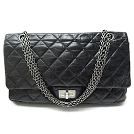 Chanel-CHANEL LARGE HANDBAG 2.55 MADEMOISELLE BLACK AGED LEATHER HAND BAG PURSE-Black