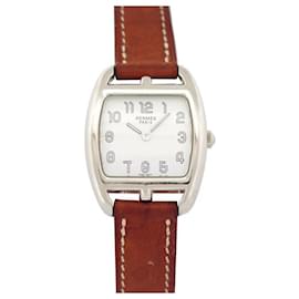 Hermès-HERMES CAPE COD TONNEAU CT WATCH1.210 STEEL LEATHER lined TOWER QUARTZ WATCH-Silvery