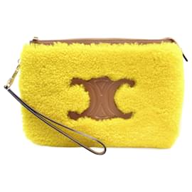 Céline-NEW CELINE TRIOMPHE SHEARLING POUCH IN FAUX FUR & LEATHER POUCH-Yellow