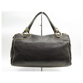 Céline-CELINE BOWLING HANDBAG WITH WHITE STITCHING IN GRAIN LEATHER HAND BAG-Brown
