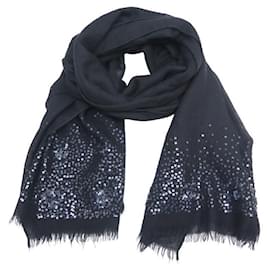 Chanel-NEW CHANEL SCARF LOGO CC & CAMELIA WITH SEQUINS BLACK IN CASHMERE SCARF SHAWL-Black
