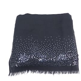 Chanel-NEW CHANEL SCARF LOGO CC & CAMELIA WITH SEQUINS BLACK IN CASHMERE SCARF SHAWL-Black