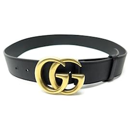 Gucci-Gucci lined G belt 480199 BLACK LEATHER T80 BLACK GOLD BELT GOLD BUCKLE-Black