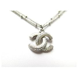 Chanel-CHANEL PENDANT NECKLACE LOGO CC STRASS & SILVER METAL PEARLS NECKLACE-Silvery