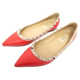 Valentino-CHAUSSURES VALENTINO BALLERINES ROCKSTUD 37.5 IT 38.5 FR CUIR ROUGE SHOES-Rouge