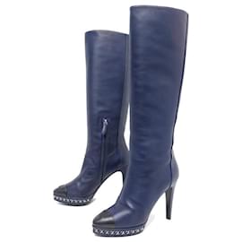 Chanel-CHANEL G BOOTS30406 with heels 38 BLUE LEATHER INTERLACED CHAIN LOGO CC BOOTS-Blue