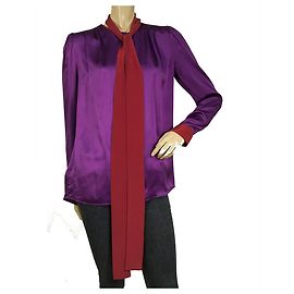 Pinko viola e rosso 100% Camicetta con bottoni in seta con collo a cravatta 40 Porpora