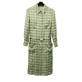 Chanel-* [CHANEL] Chanel Coco Mark Kariertes Hemdkleid, einteilig, langärmelig, knielang, aus Seide 100% Grün-Grün