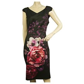 Ted Baker Robe moulante noire et fleurie pivoine et orchidée longueur genou taille 3 Multicolore