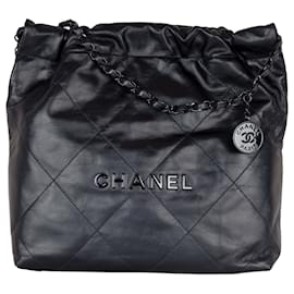 Chanel-Chanel Shiny calf leather Quilted Small Chanel 22 ruthenium-Blue,Navy blue
